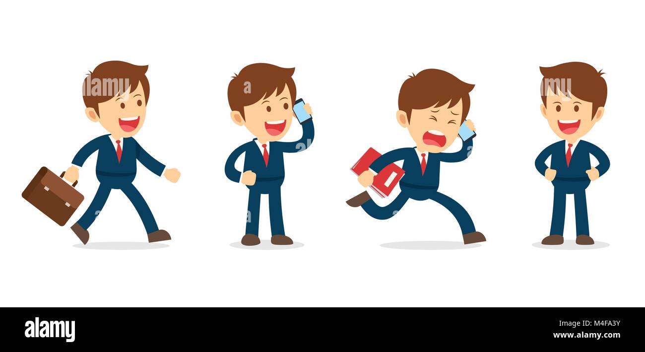 Set di imprenditore lavora character design. Ufficio piana cartoon illustrazione sfondo isolato. Illustrazione Vettoriale