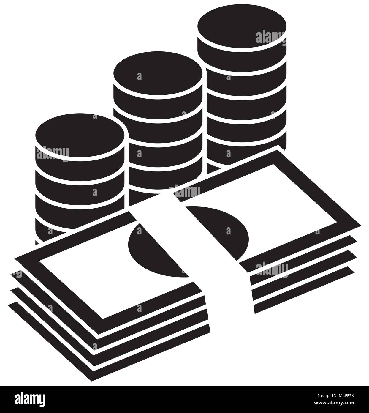 Pila di banconote o di banconote e monete in pila. Icona valuta o vettore di logo. Simbolo per il settore bancario o delle finanze. Illustrazione Vettoriale