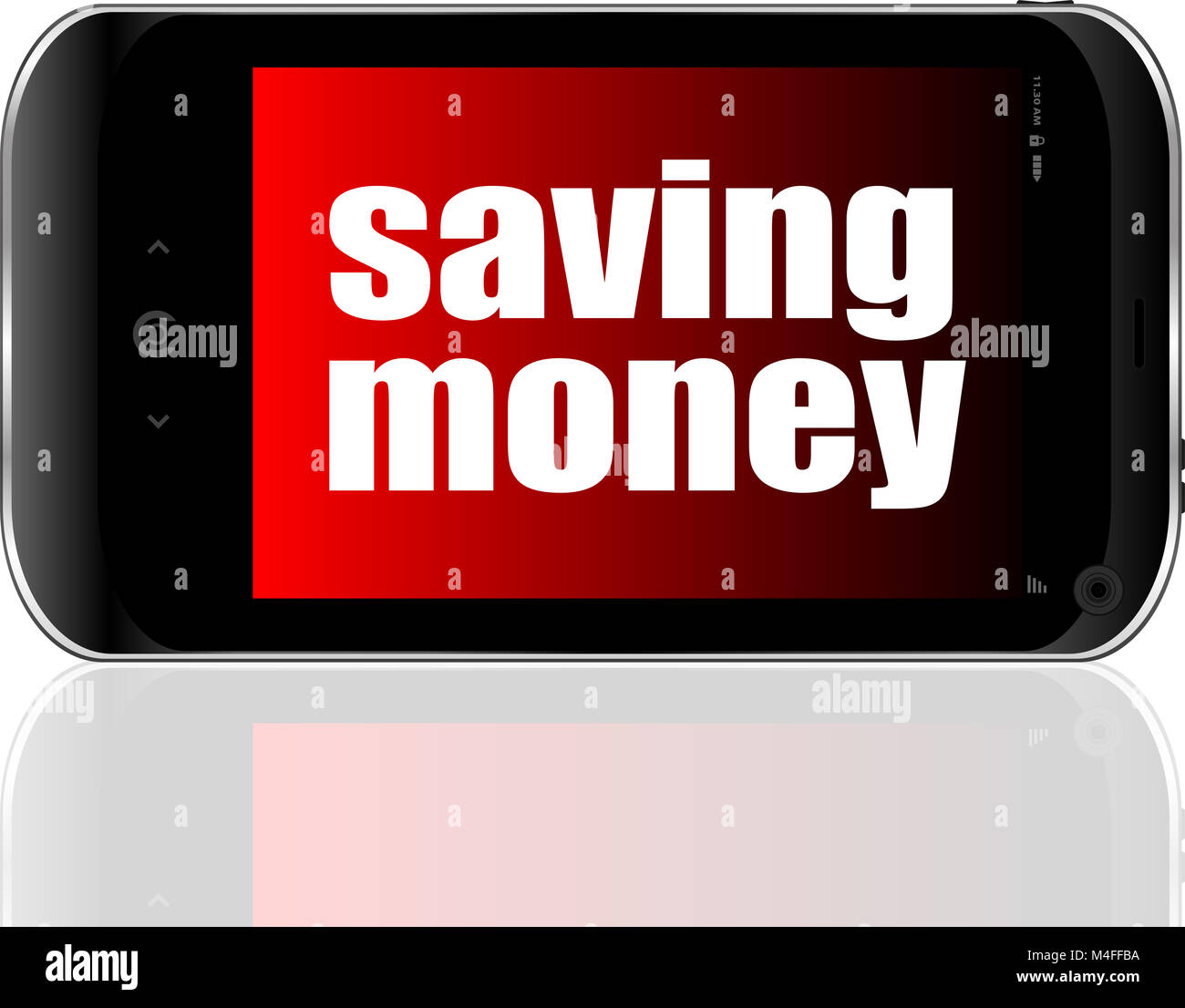 Concetto di valuta. Smartphone con il testo Risparmio di denaro sul display Foto Stock