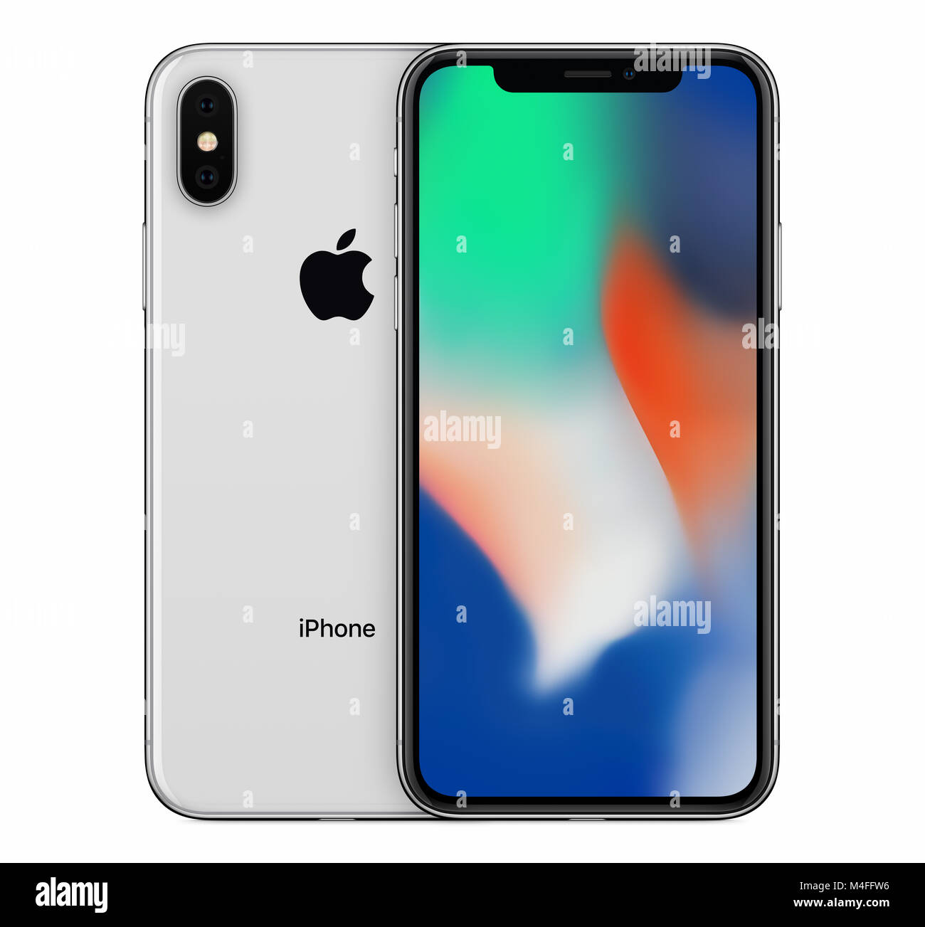 Argento Apple iPhone X mockup vista frontale con lo sfondo dello schermo e l'iPhone 10 lato posteriore dietro di esso. Foto Stock