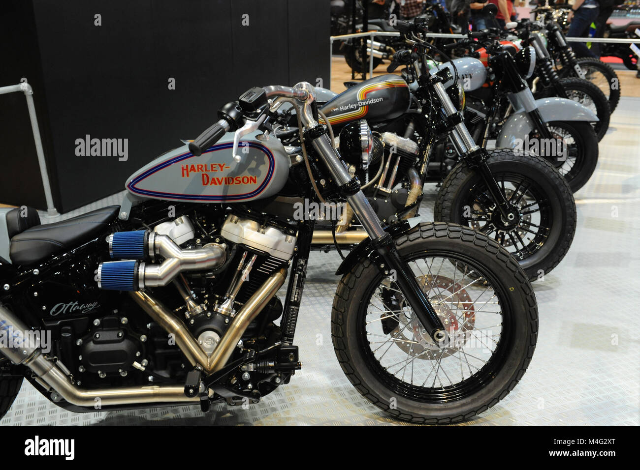 Personalizzato di Harley Davidson Moto sul display a Carole Nash MCN London Motorcycle Show che si sta svolgendo a ExCel di Londra, Regno Unito. La mostra attira circa 36.000 visitatori e offre una vasta varietà di motociclette, scooter, motociclette e personalizzati one-off chopper. Foto Stock