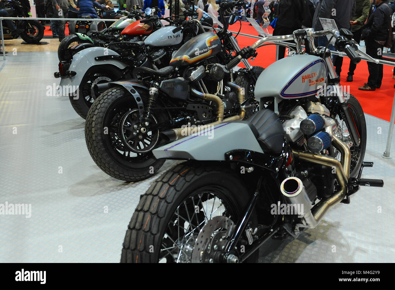 Personalizzato di Harley Davidson Moto sul display a Carole Nash MCN London Motorcycle Show che si sta svolgendo a ExCel di Londra, Regno Unito. La mostra attira circa 36.000 visitatori e offre una vasta varietà di motociclette, scooter, motociclette e personalizzati one-off chopper. Foto Stock