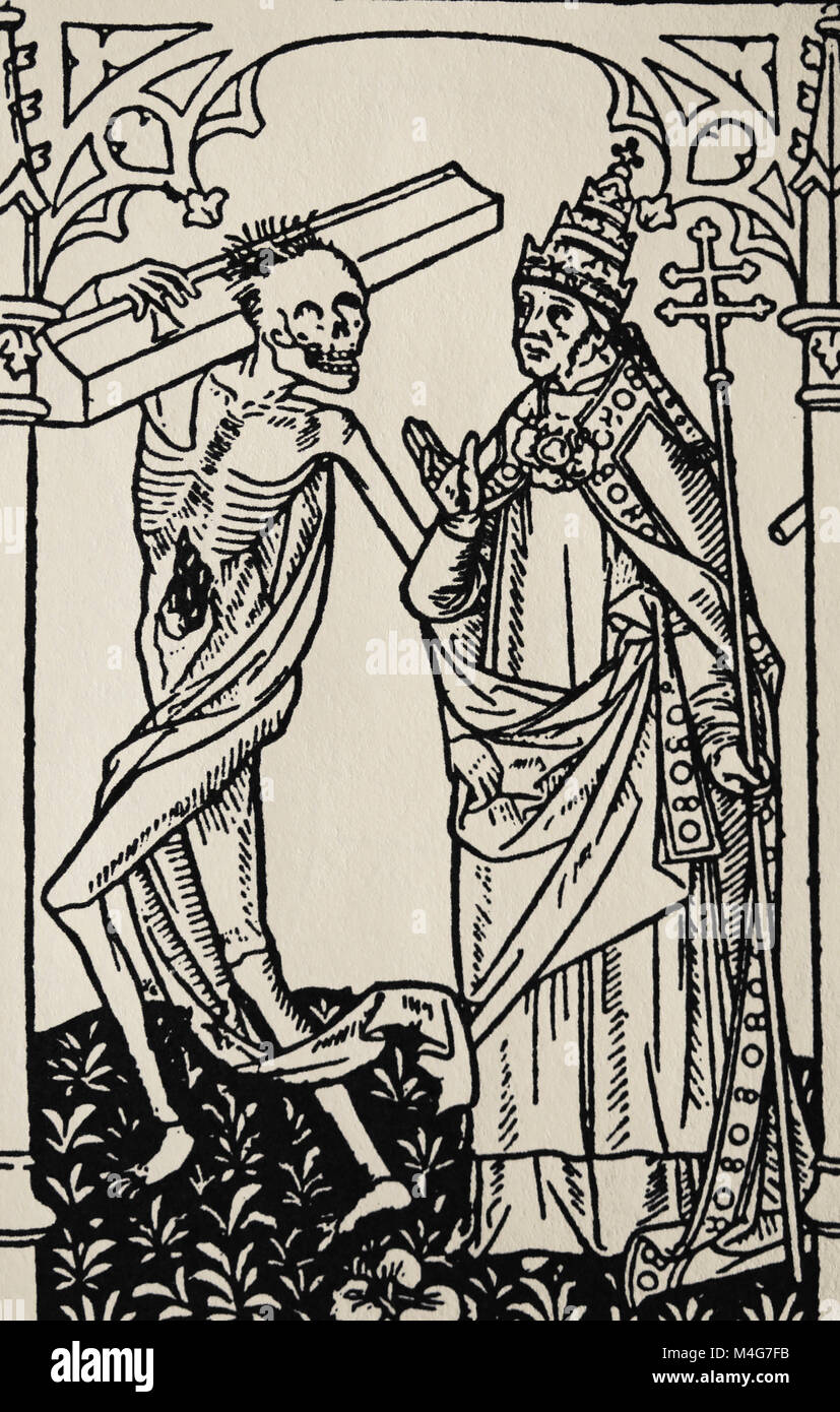 Danza di morte. La morte e il Papa. Stampato da Antoine Verard, Francia, del XV secolo. Foto Stock