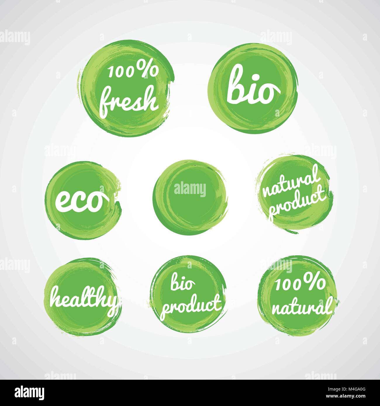 Set di green grunge bolle, adesivi, etichette etichette con testo. 100% nfresh, 100% naturale, bio, eco, prodotto naturale, sano Illustrazione Vettoriale