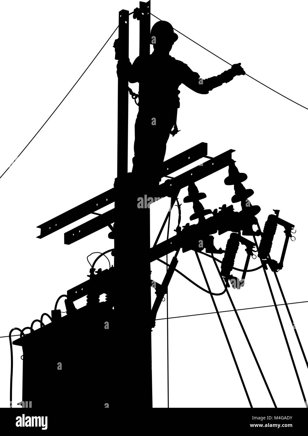 Vettore modificabile silhouette di un lavoratore di utilità alla sommità di un palo elettrico Illustrazione Vettoriale