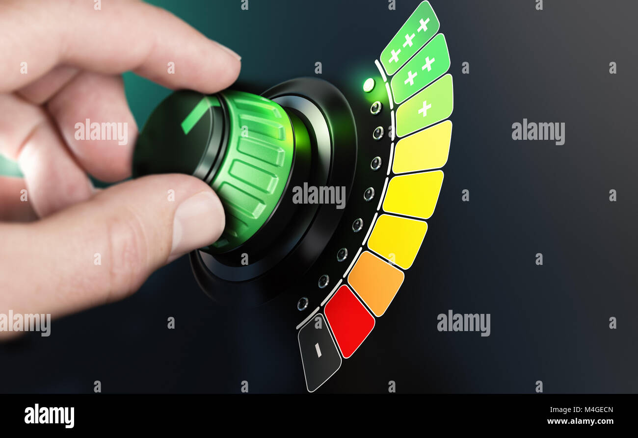 Mano girando una manopola con scala di efficienza da nero e rosso di colore verde. Immagine composita tra una mano e la fotografia di un 3D sfondo. Foto Stock