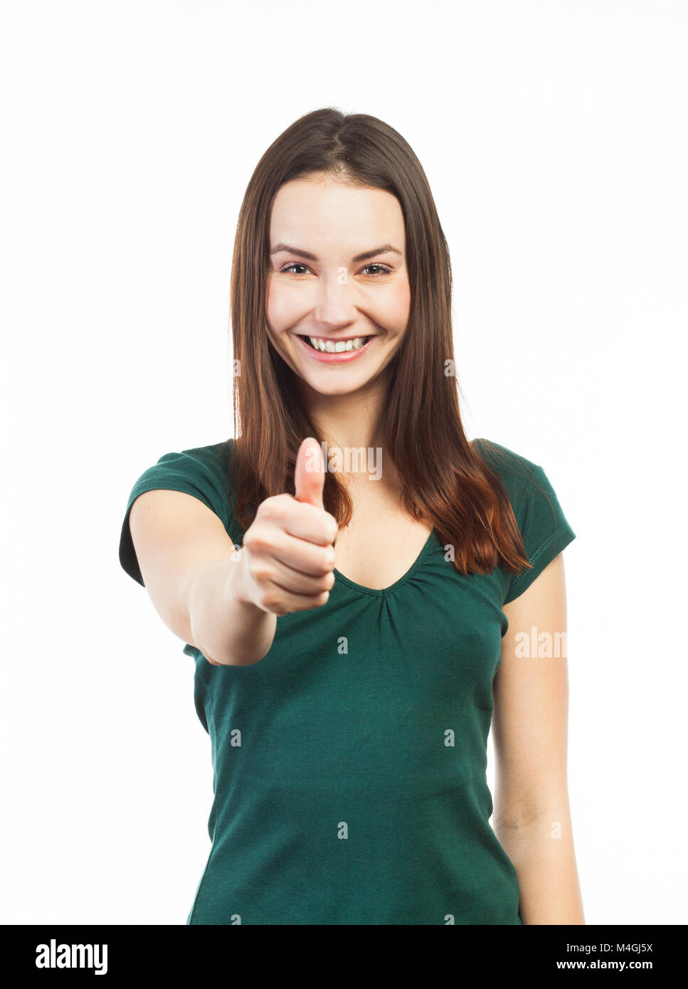 Giovane donna informale che mostra segno ok, isolato su bianco Foto Stock