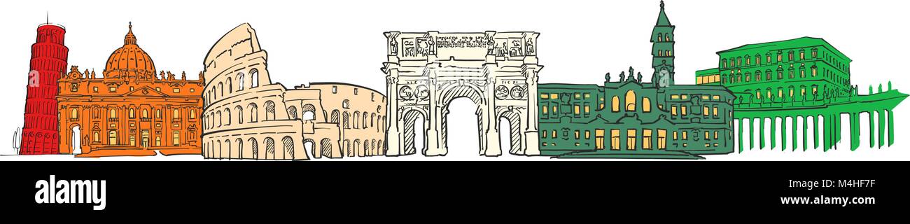 Italia famosa banner di viaggio. Schizzi tracciati a mano in splendidi contorni e colori. Moderno vettore illustrazione. Illustrazione Vettoriale