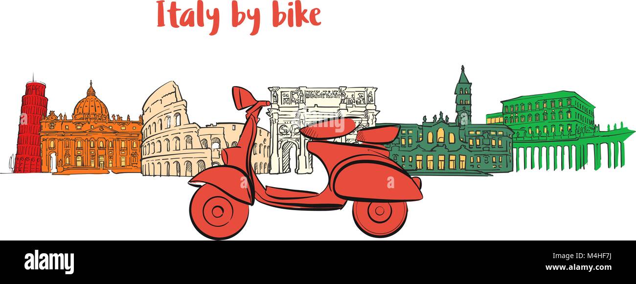 Italia famose icone di viaggio con gli scooter. Schizzi tracciati a mano in splendidi contorni e colori. Moderno vettore illustrazione. Illustrazione Vettoriale