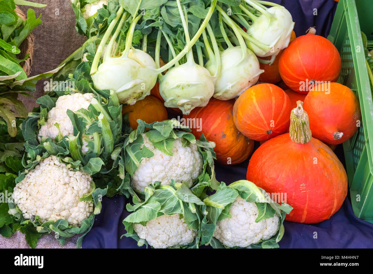 Il cavolfiore, il sedano e la zucca per la vendita su un mercato Foto Stock