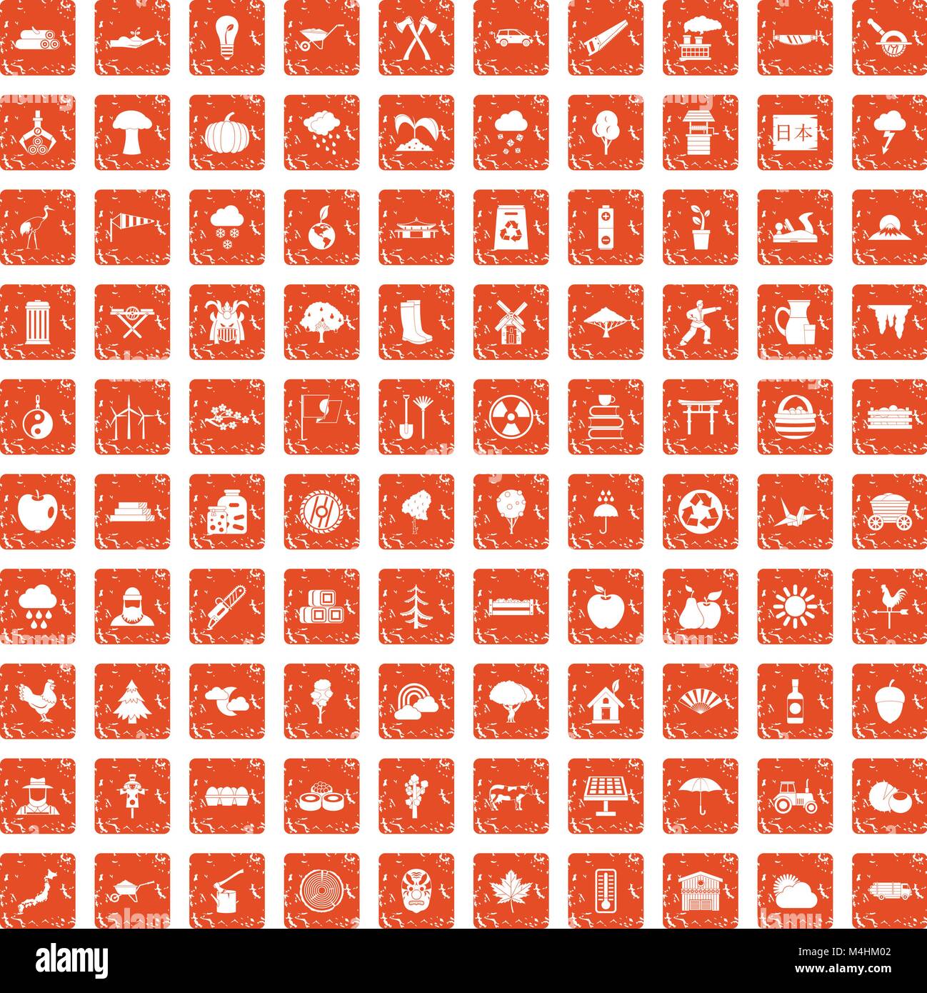 100 albero set di icone grunge orange Illustrazione Vettoriale