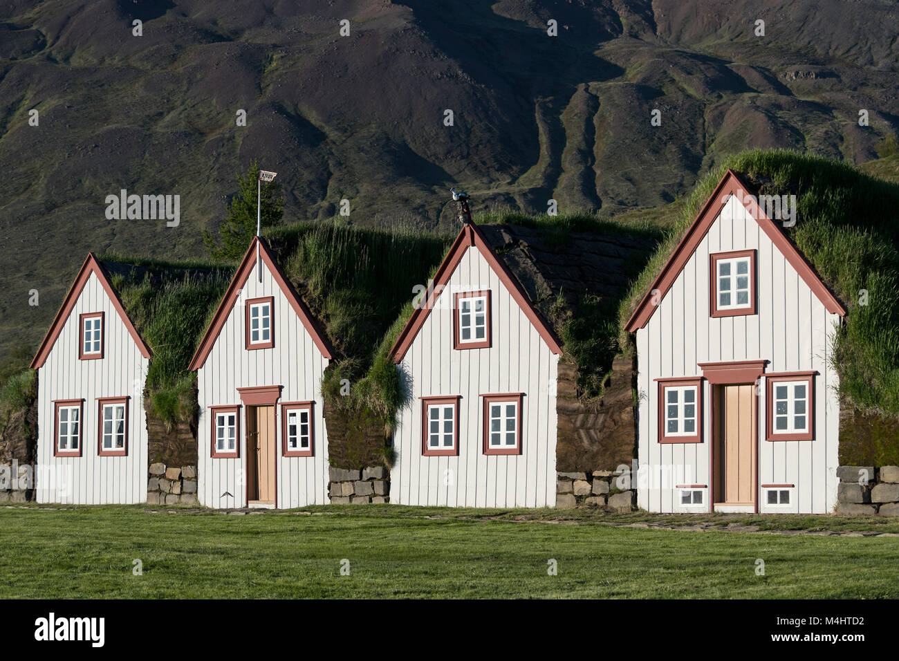 Vecchio islandese case turf Laufás, open-air museum, Eyjafjörður, North-Iceland, Islanda Foto Stock