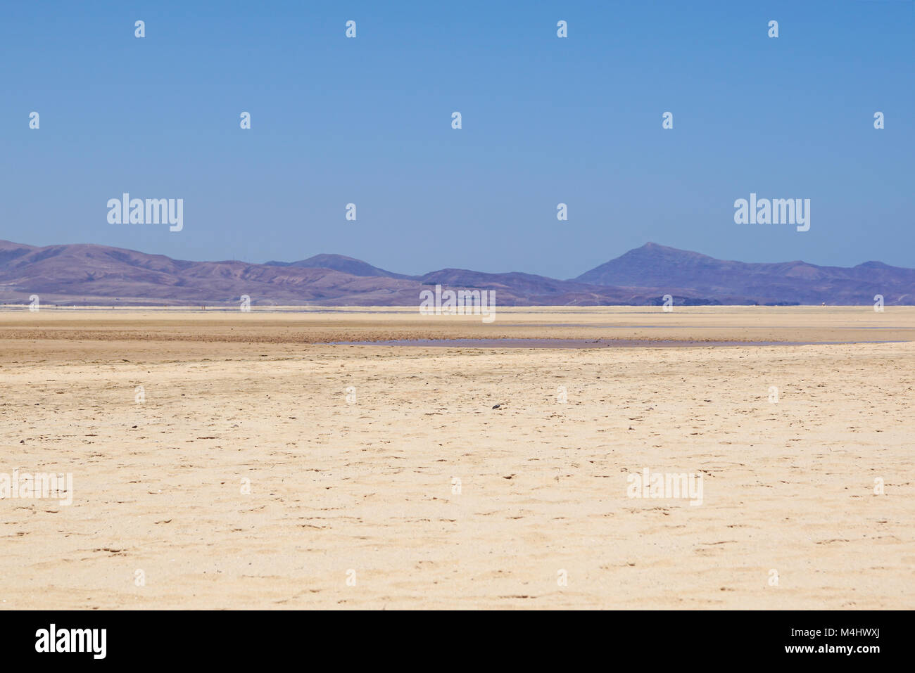 Le montagne vulcaniche panorama con il deserto roccioso terreno , contro blu cielo nuvoloso, Fuerteventura, Isole Canarie, Spagna . Foto Stock