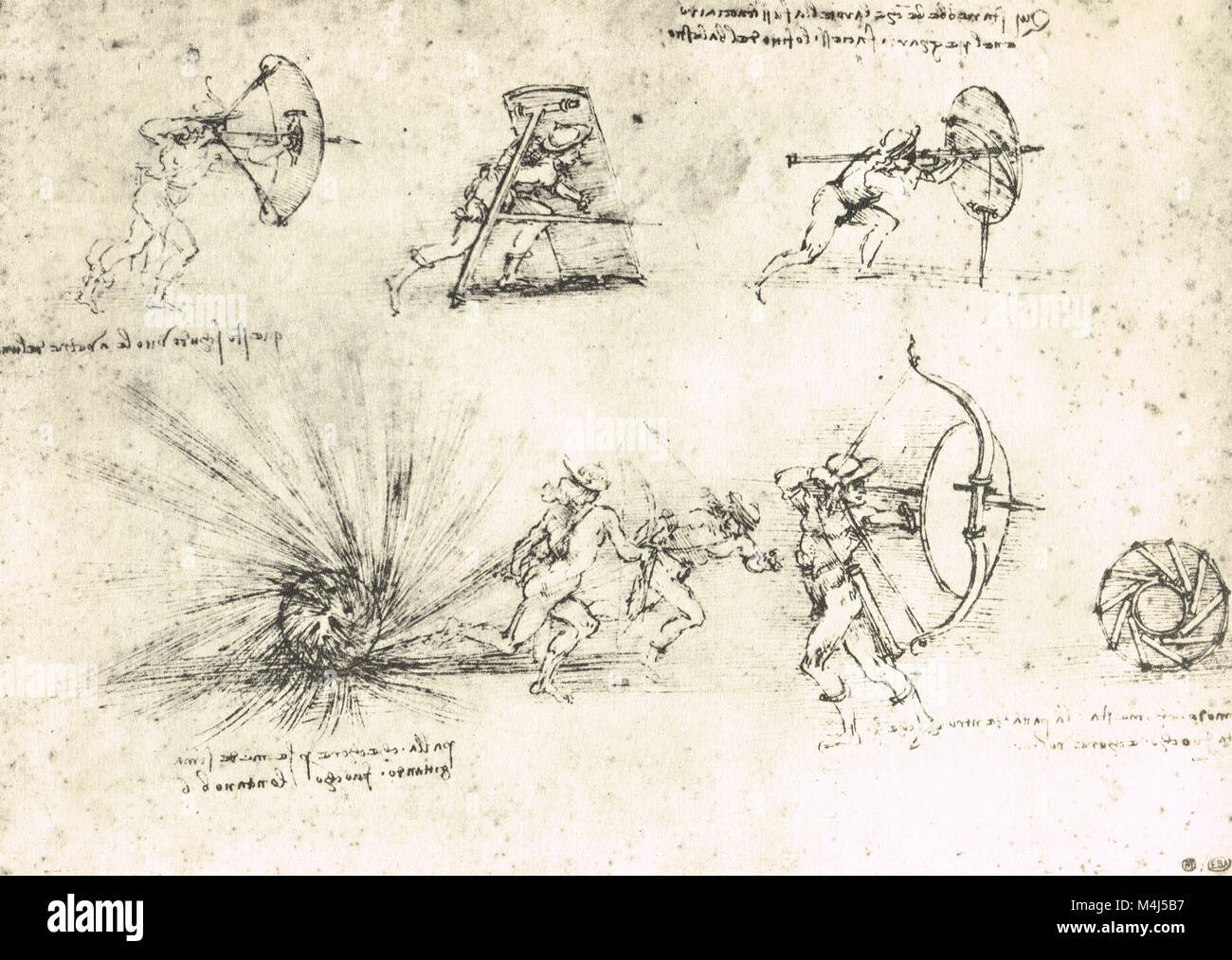 Studi di schermi per la protezione di soldati a piedi e una bomba che esplode, disegnata da Leonardo Da Vinci, circa 1485-88 Foto Stock