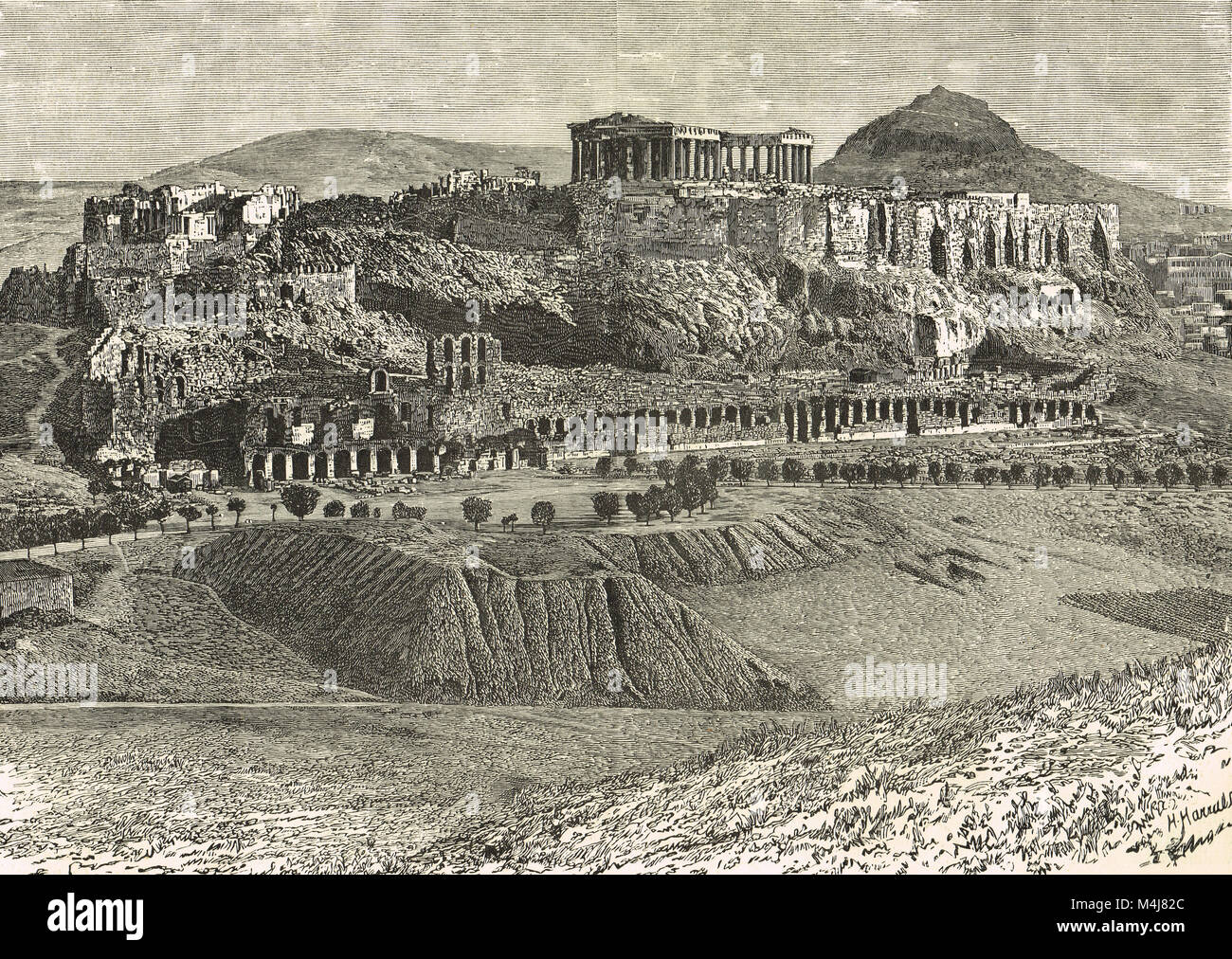 L'Acropoli di Atene, xix secolo incisione Foto Stock
