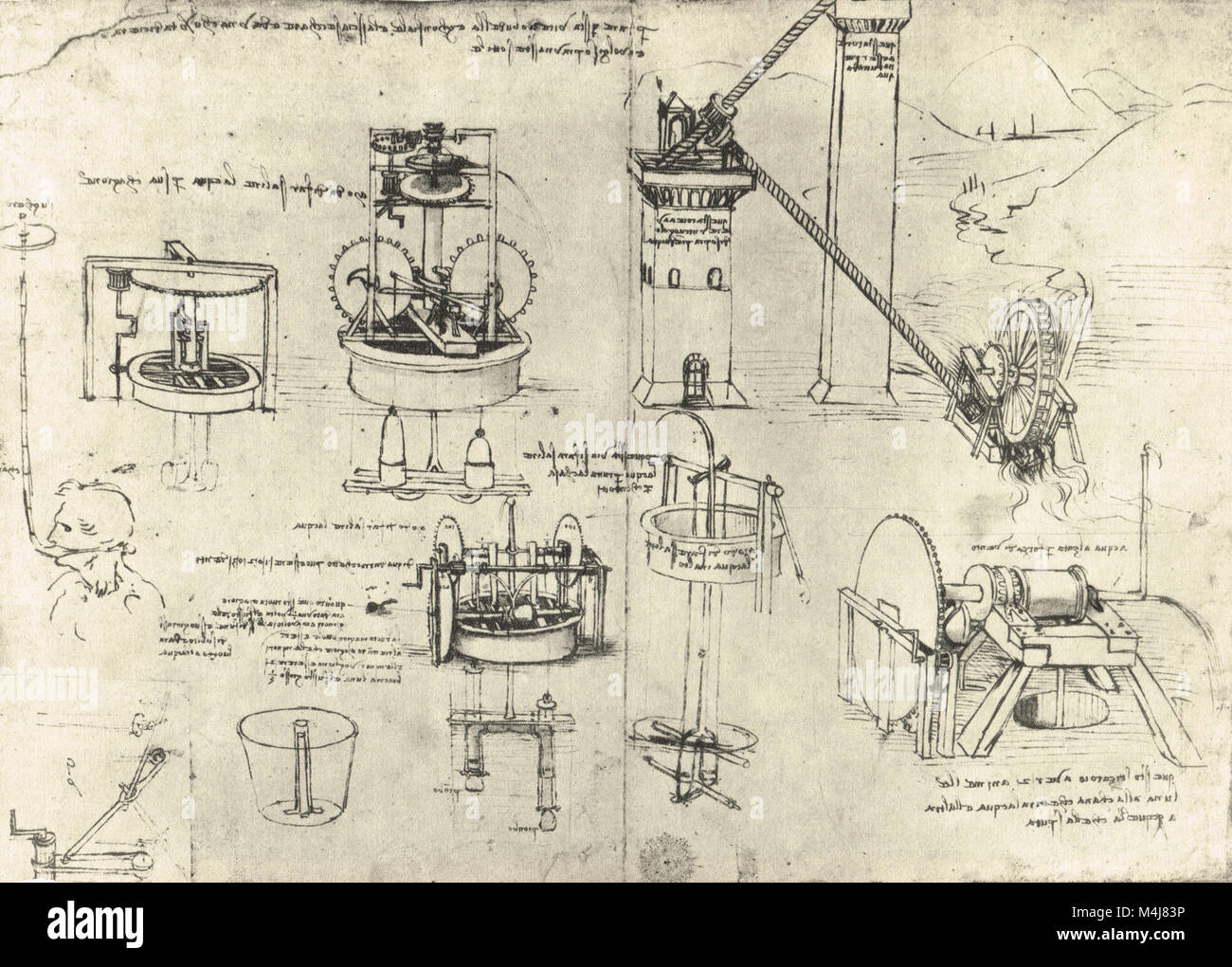 Apparecchio per la respirazione subacquea, pompe di aspirazione e i tubi Archimede, disegnata da Leonardo Da Vinci, circa 1475-80 Foto Stock