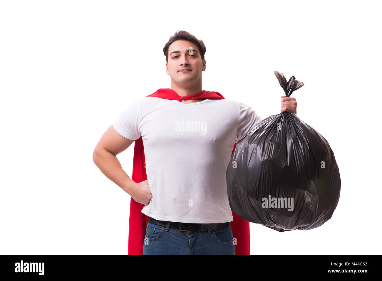 Il supereroe uomo con sacco rifiuti isolato su bianco Foto Stock