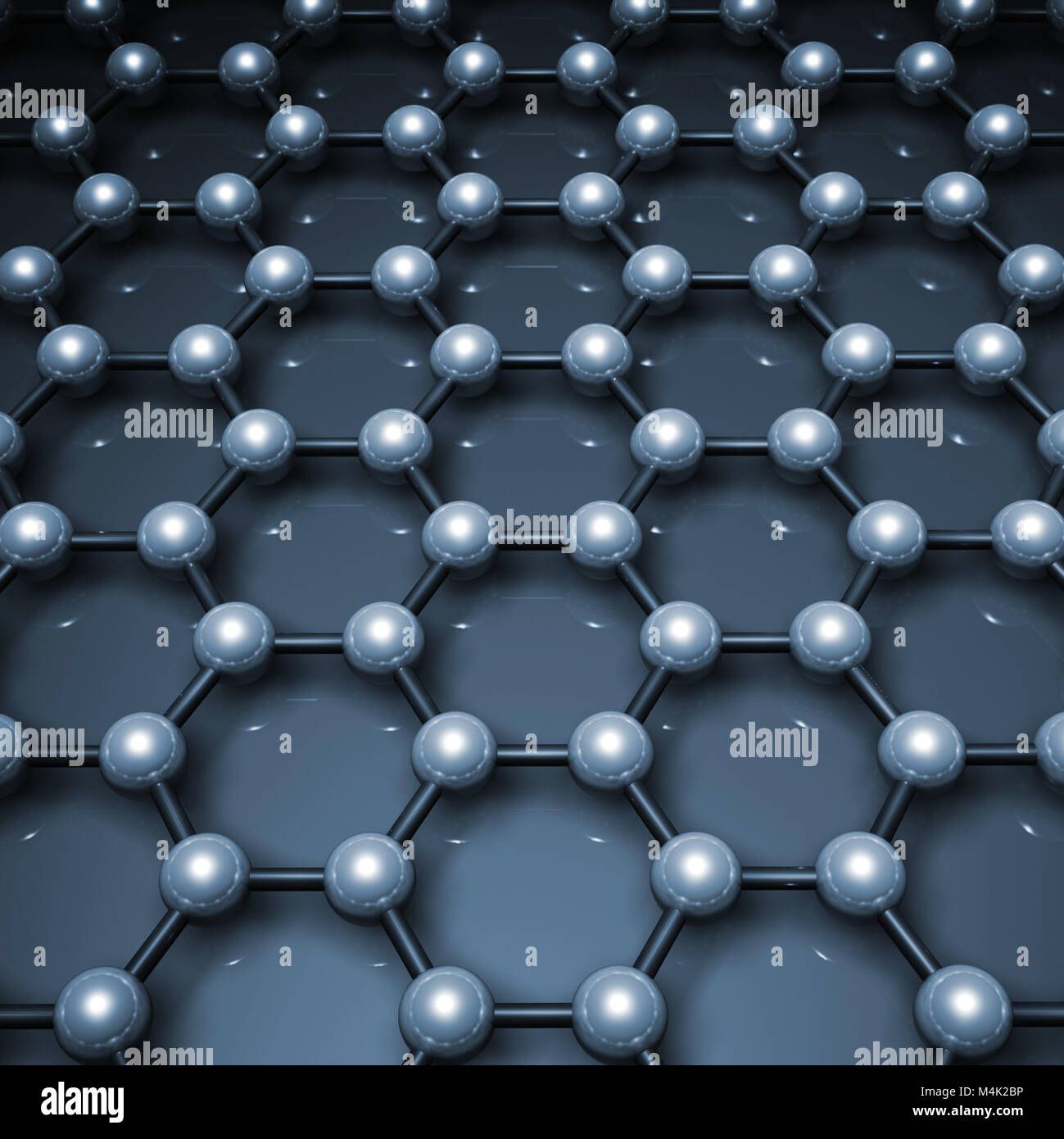 Lo strato di grafene struttura modello molecolare, reticolo esagonale fatta di atomi di carbonio. Nei toni del blu 3D render Foto Stock