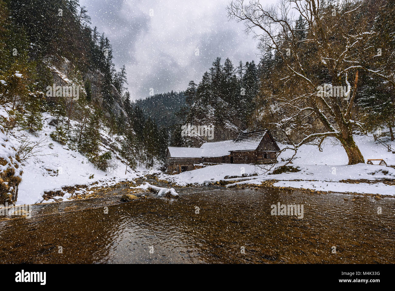 In legno antico mulino ad acqua in inverno con la caduta della neve Foto Stock