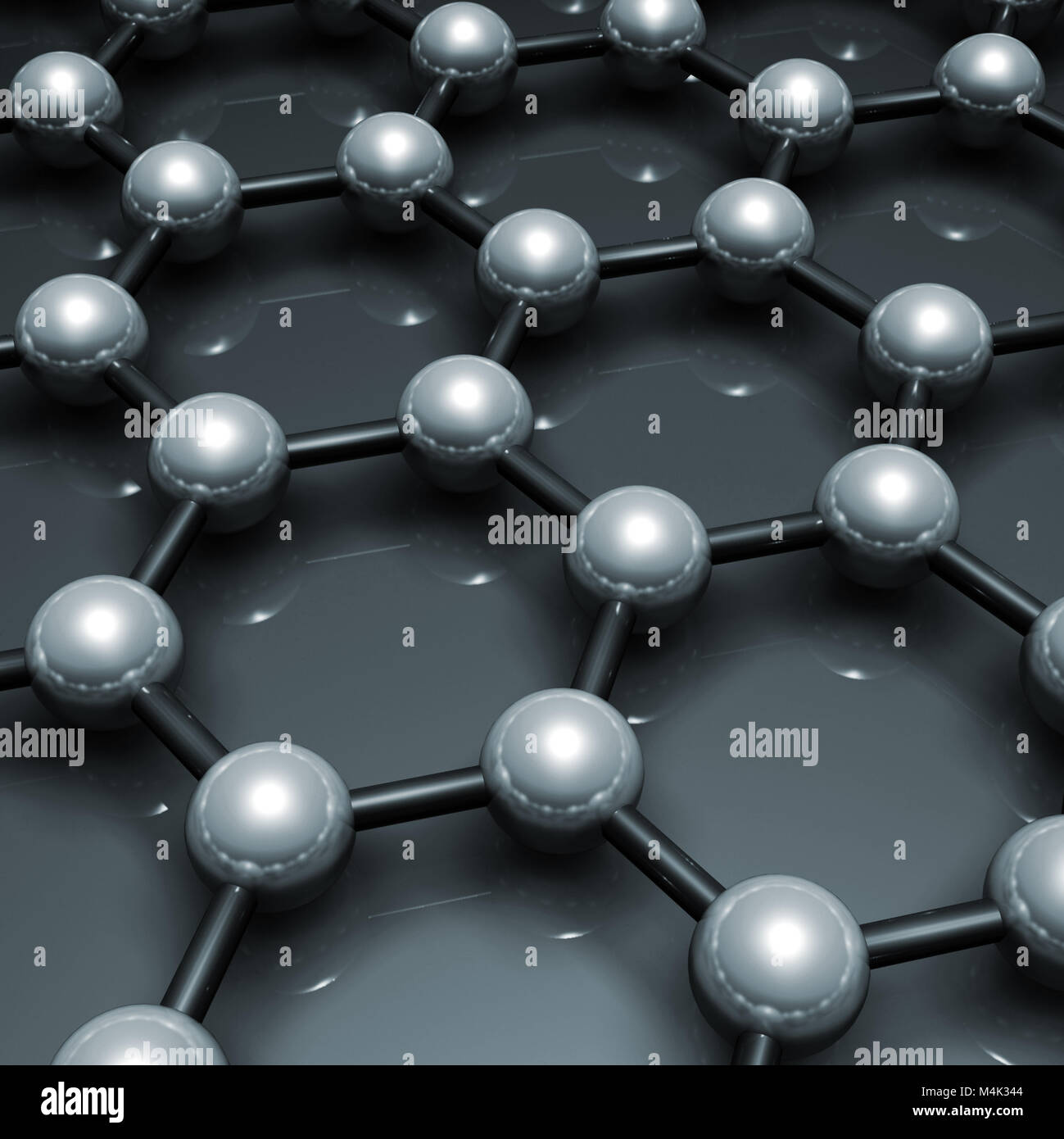 Lo strato di grafene struttura modello molecolare, reticolo esagonale fatta di atomi di carbonio. Nei toni del blu 3d illustrazione Foto Stock
