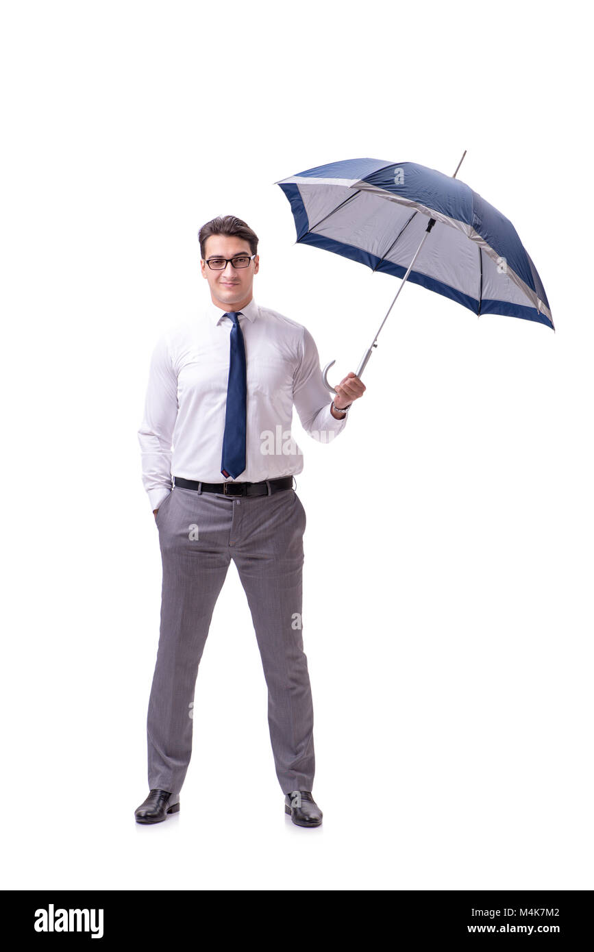 Giovane imprenditore con ombrellone isolato su bianco Foto Stock