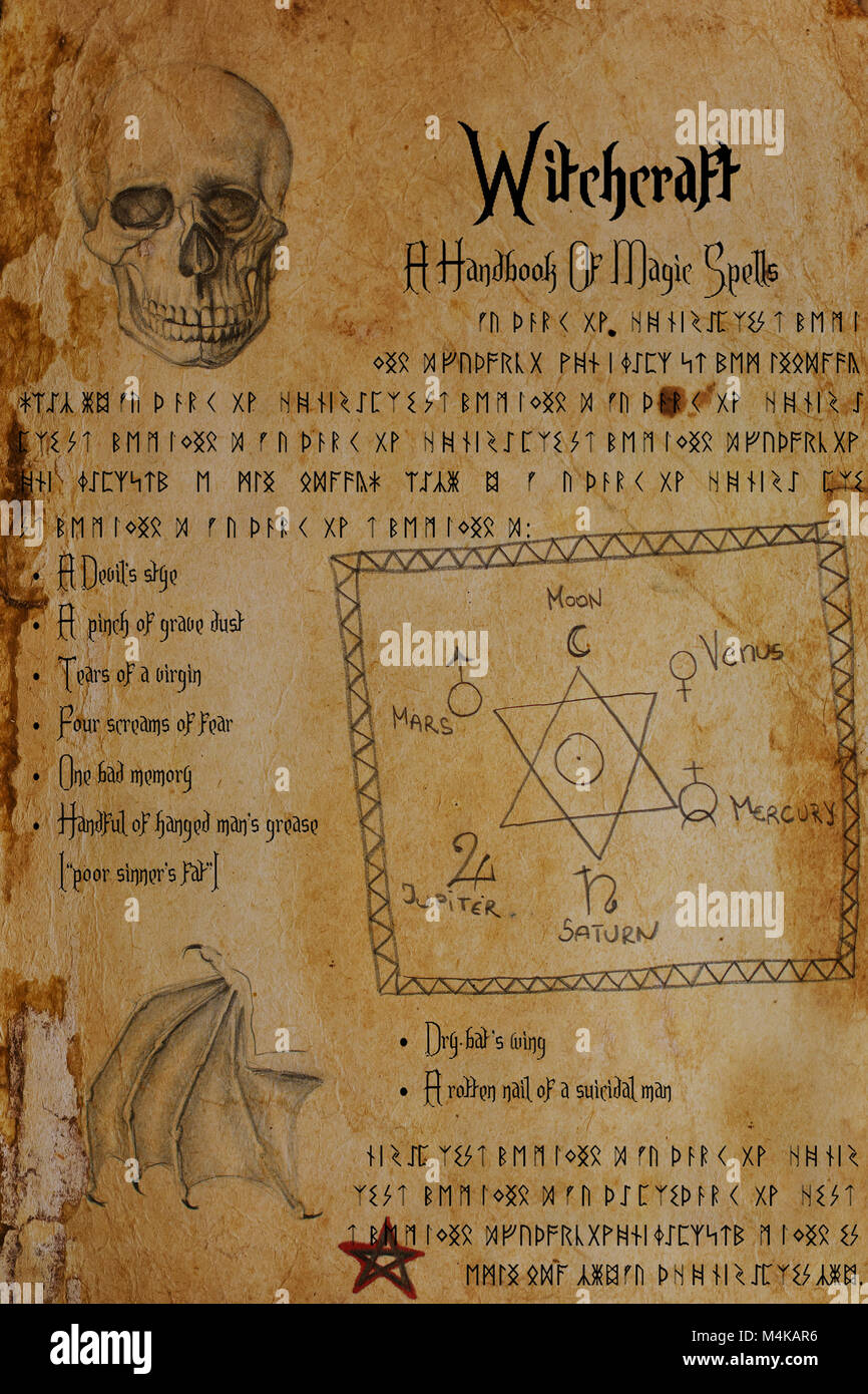 Dalla pagina della strega grimoire. Disegni di cranio umano, bat è ala, il sigillo di Salomone, segni planetari, Pentagram. Elder Futhark e rune anglosassoni. Foto Stock