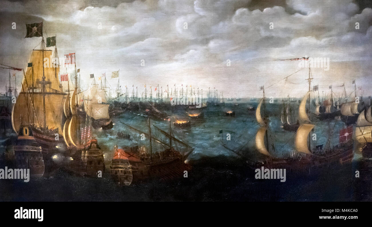 Armada spagnola. Pittura intitolata "Lancio di Fireships contro la Armada spagnola, 7 agosto 1588', Netherlandish School, olio su tela, c.1590. Foto Stock