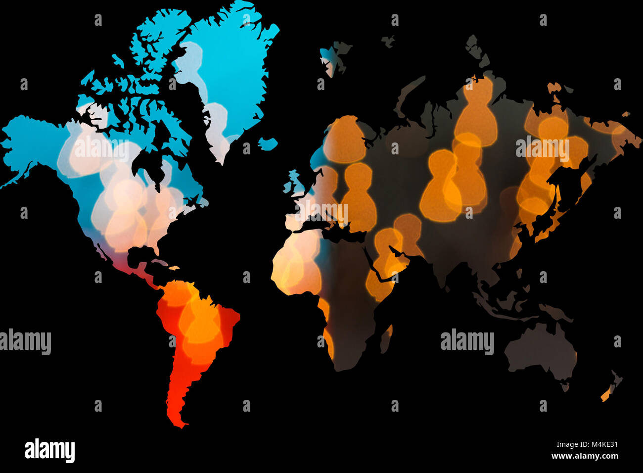 Persone forme formando mappa del mondo su sfondo nero con la multinazionale collegamento concetto in tutto il mondo Foto Stock