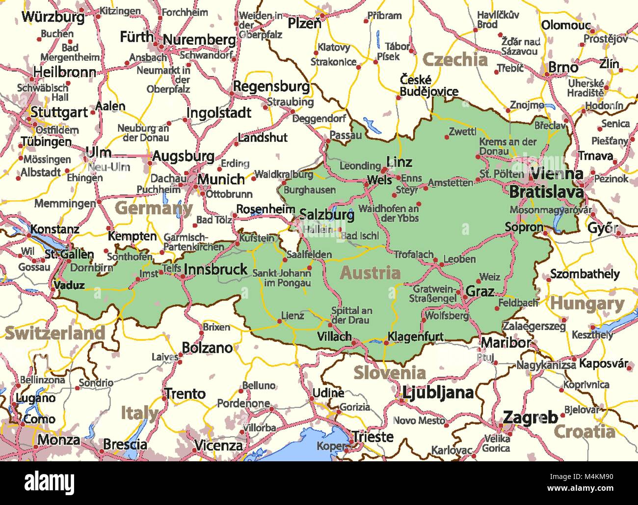 Mappa Di Austria Mostra I Confini Zone Urbane Nomi Di Localita E Strade Le Etichette In Inglese Dove Possibile Proiezione Proiezione Di Mercatore M4km90 