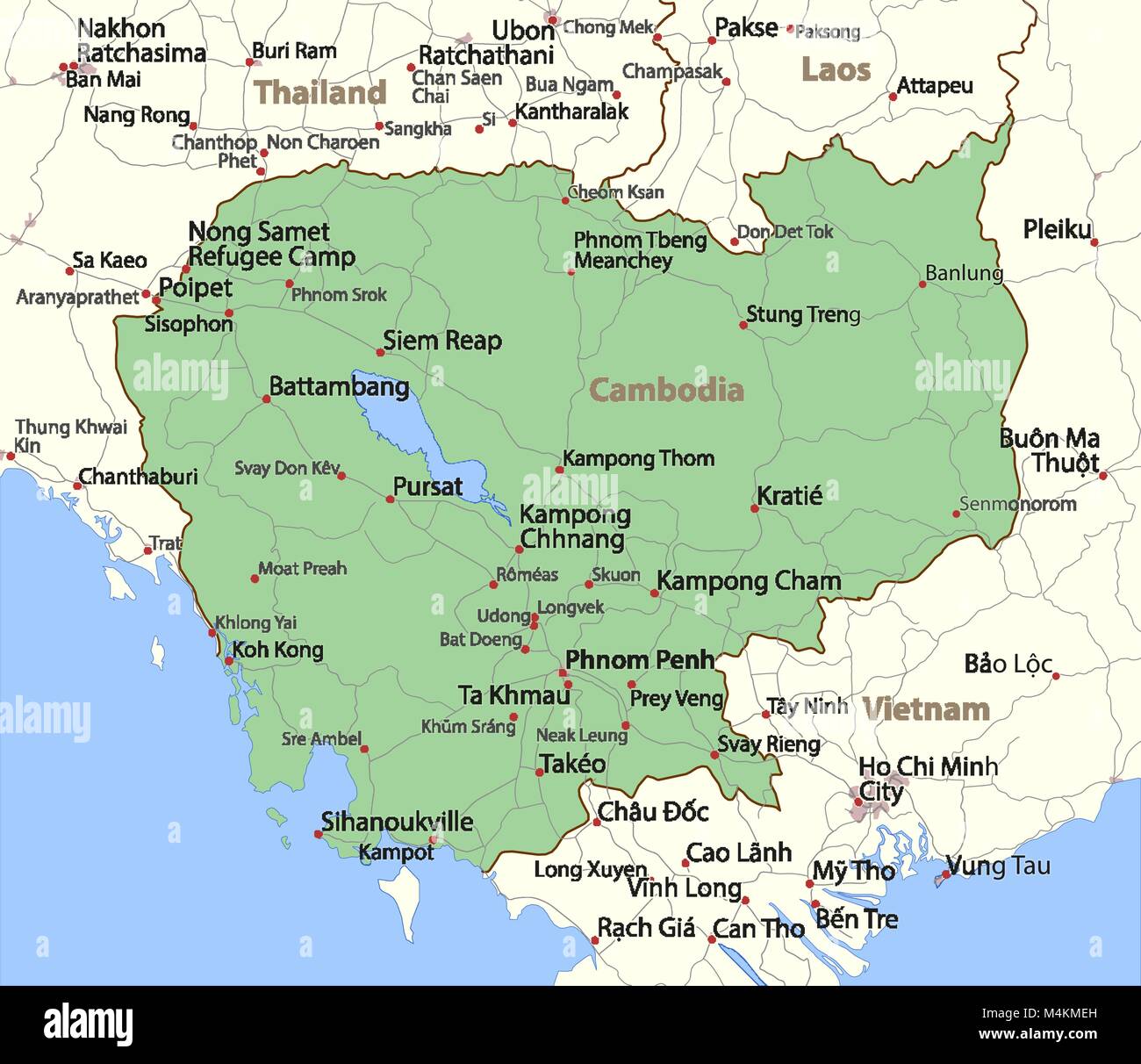 Mappa di Cambogia. Mostra i confini, zone urbane, nomi di località e strade. Le etichette in inglese dove possibile. Proiezione: proiezione di Mercatore. Illustrazione Vettoriale