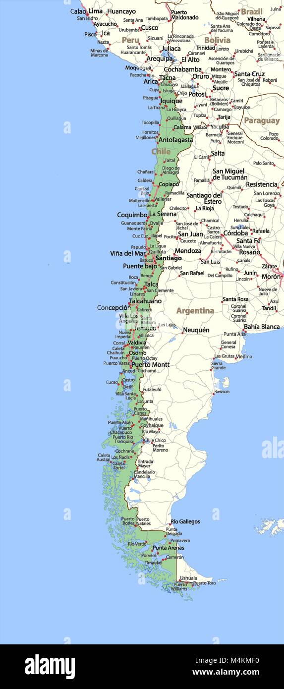 Mappa di Cile. Mostra i confini, nomi di località e strade. Le etichette in inglese dove possibile. Proiezione: proiezione di Mercatore Sferica. Illustrazione Vettoriale