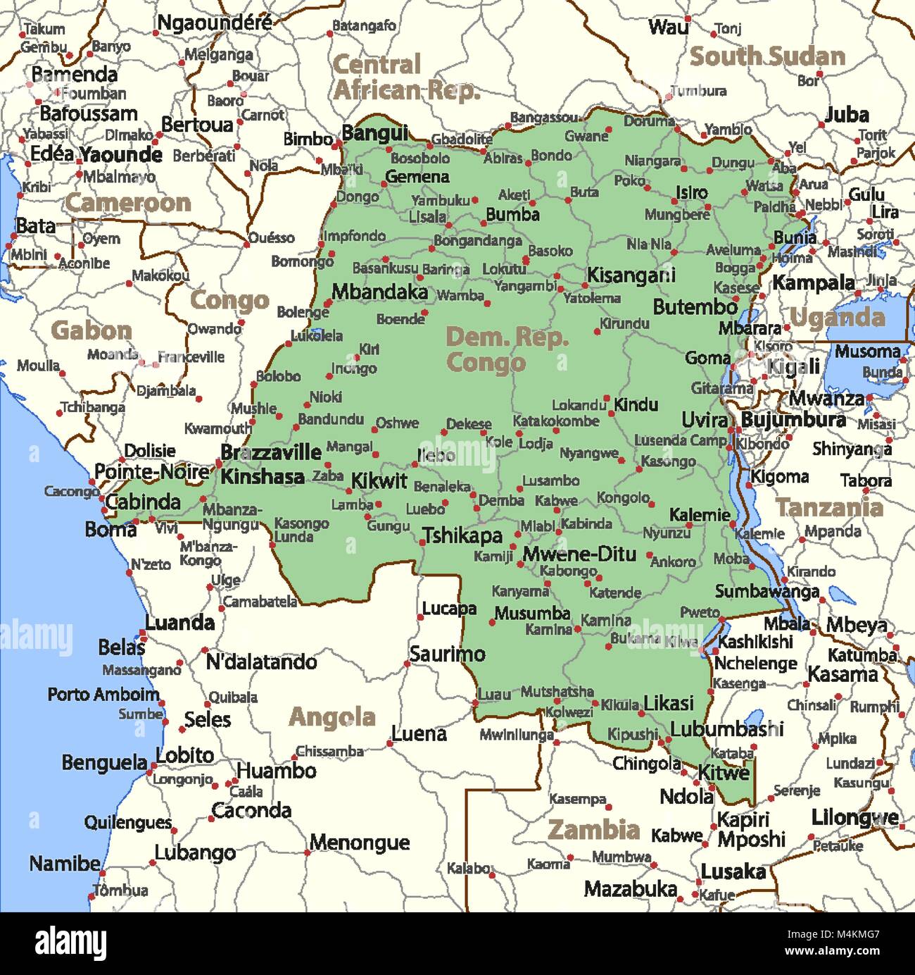 Mappa di Repubblica Democratica del Congo. Mostra i confini, zone urbane, nomi di località e strade. Le etichette in inglese dove possibile. Proiezione: proiezione di Mercatore. Illustrazione Vettoriale