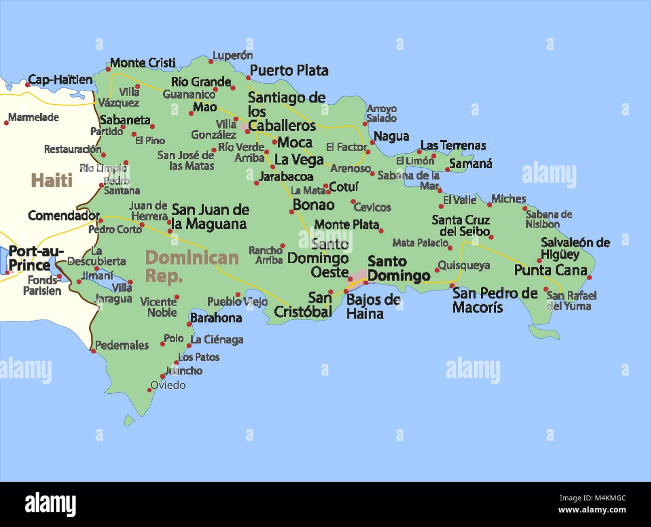 Mappa di Repubblica Dominicana. Mostra i confini, zone urbane, nomi di località e strade. Le etichette in inglese dove possibile. Proiezione: proiezione di Mercatore. Illustrazione Vettoriale