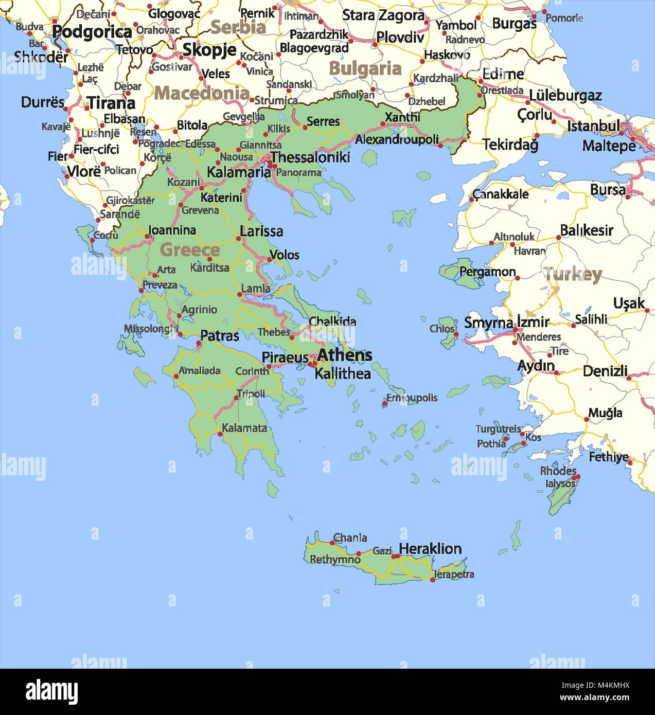 Mappa di Grecia. Mostra i confini, zone urbane, nomi di località e strade. Le etichette in inglese dove possibile. Proiezione: proiezione di Mercatore. Illustrazione Vettoriale