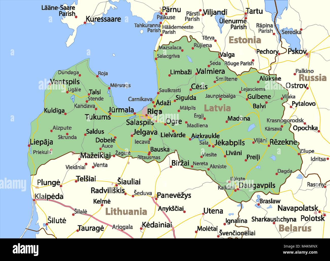Mappa della Lettonia. Mostra i confini, zone urbane, nomi di località e  strade. Le etichette in inglese dove possibile. Proiezione: proiezione di  Mercatore Immagine e Vettoriale - Alamy