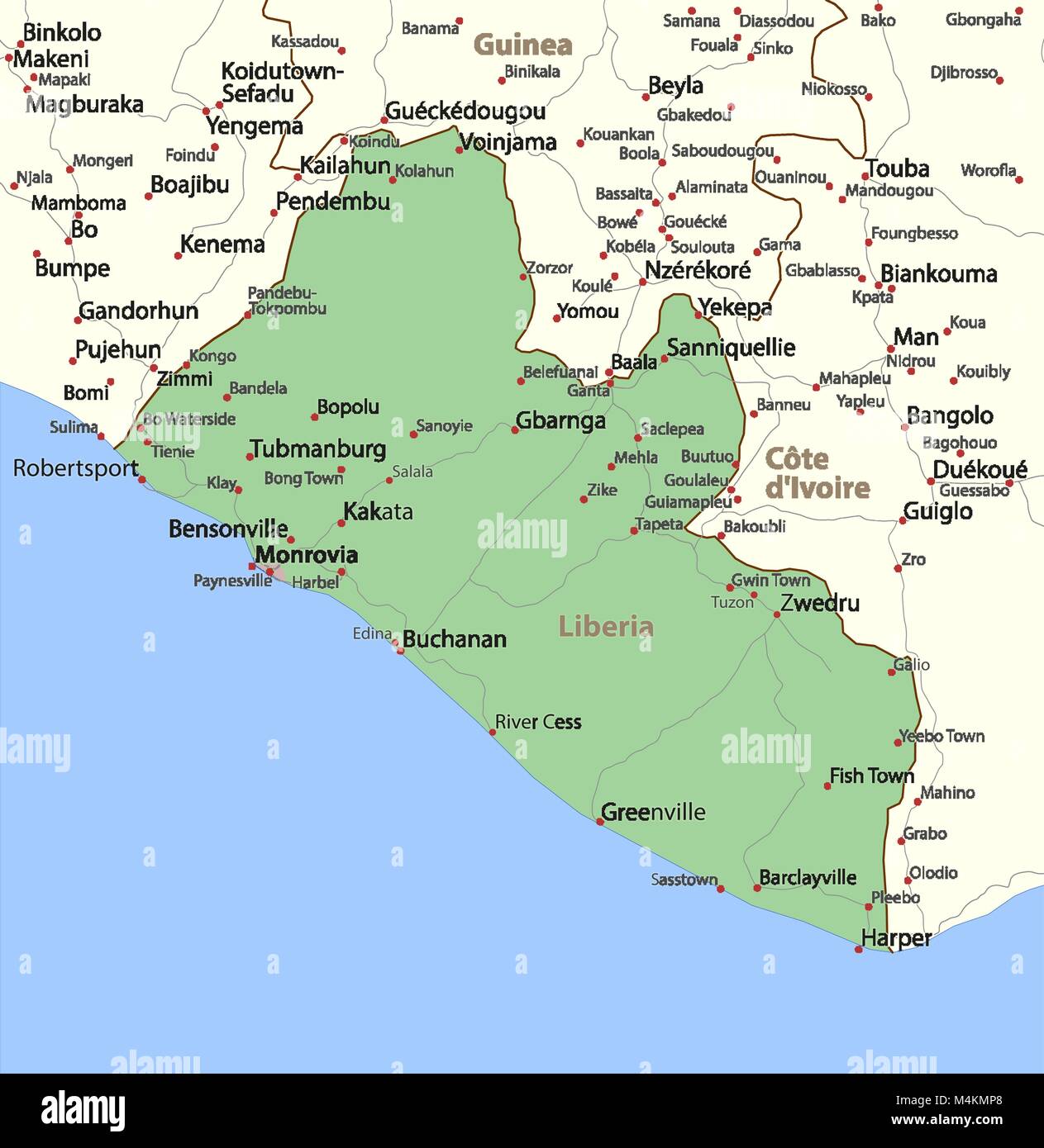 Mappa della Liberia. Mostra i confini, zone urbane, nomi di località e strade. Le etichette in inglese dove possibile. Proiezione: proiezione di Mercatore. Illustrazione Vettoriale