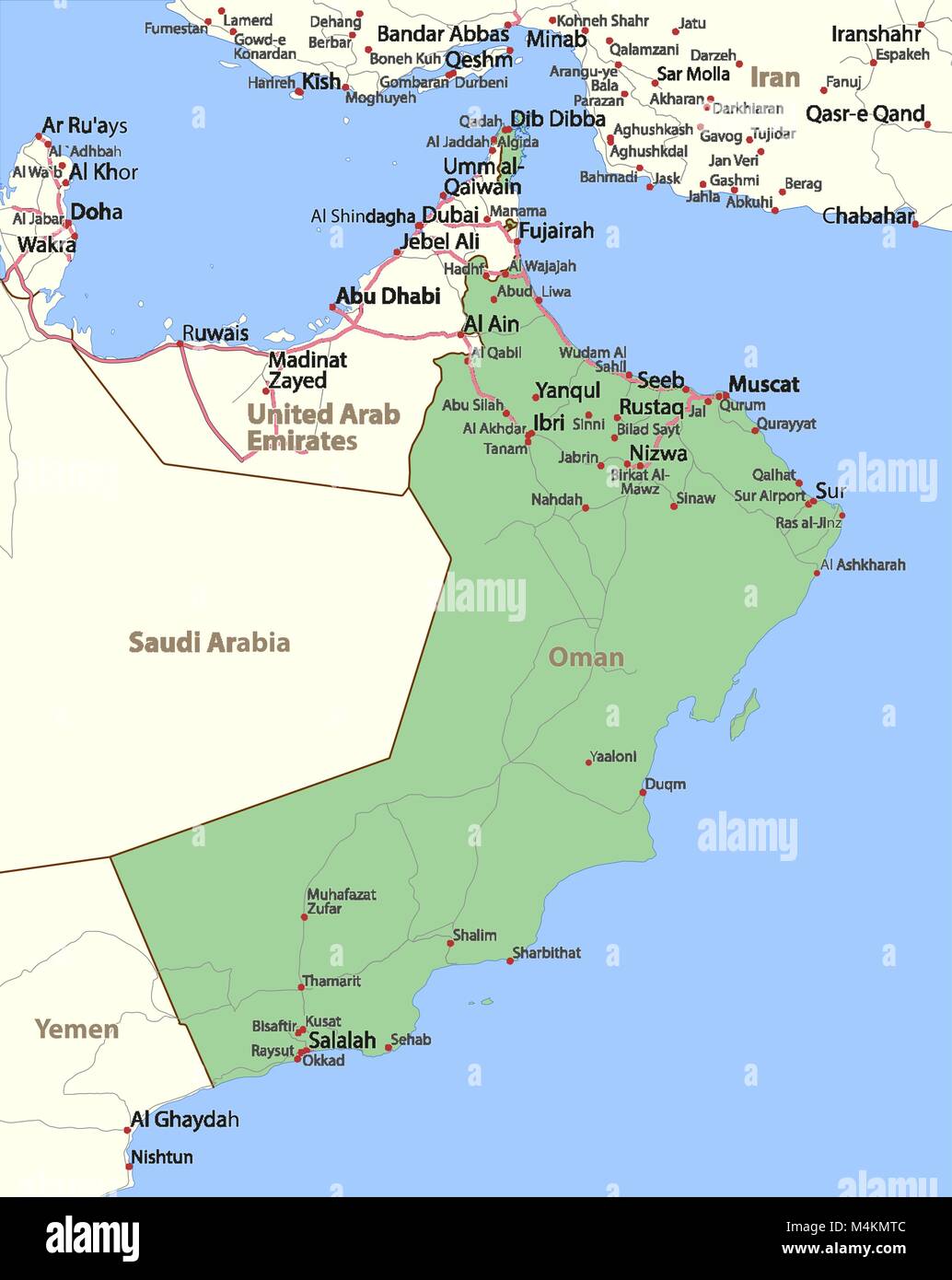 Mappa di Oman. Mostra i confini, nomi di località e strade. Le etichette in  inglese dove possibile. Proiezione: proiezione di Mercatore Immagine e  Vettoriale - Alamy