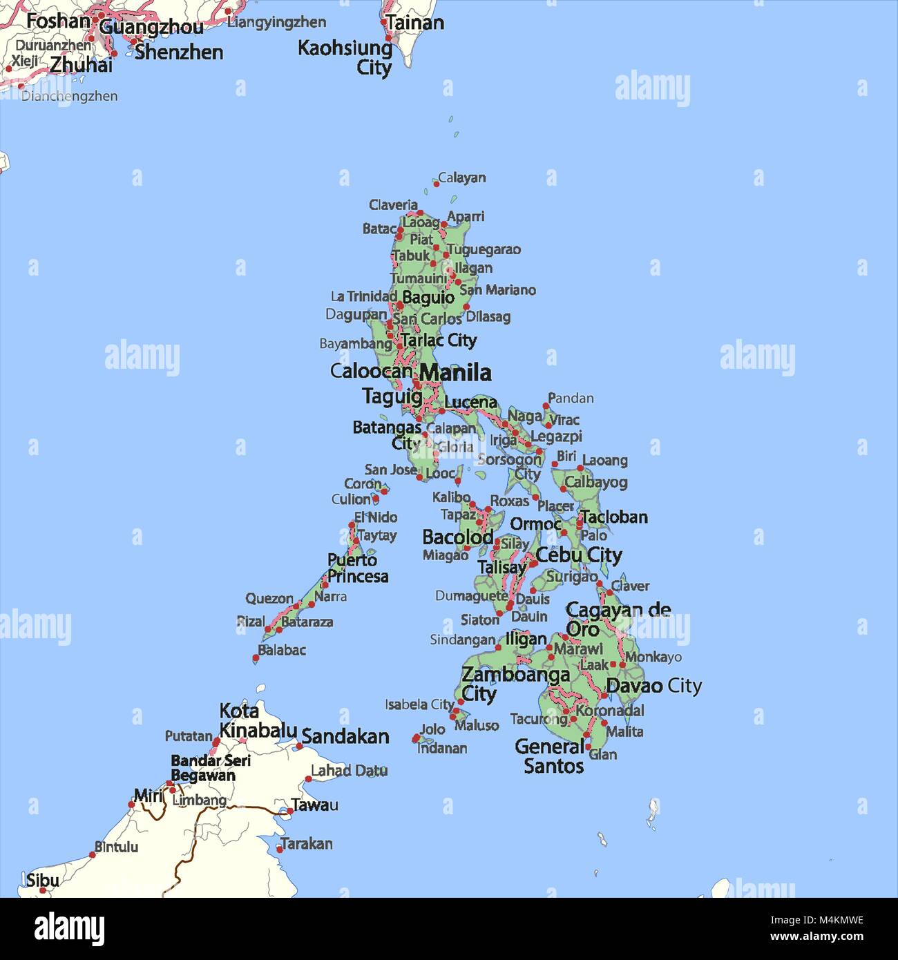 Mappa di Filippine. Mostra i confini, zone urbane, nomi di località e strade. Le etichette in inglese dove possibile. Proiezione: proiezione di Mercatore. Illustrazione Vettoriale