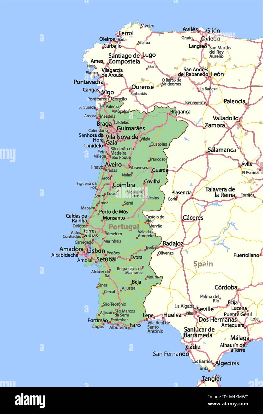 Mappa di Portogallo. Mostra i confini, zone urbane, nomi di località e strade. Le etichette in inglese dove possibile. Proiezione: proiezione di Mercatore Sferica. Illustrazione Vettoriale