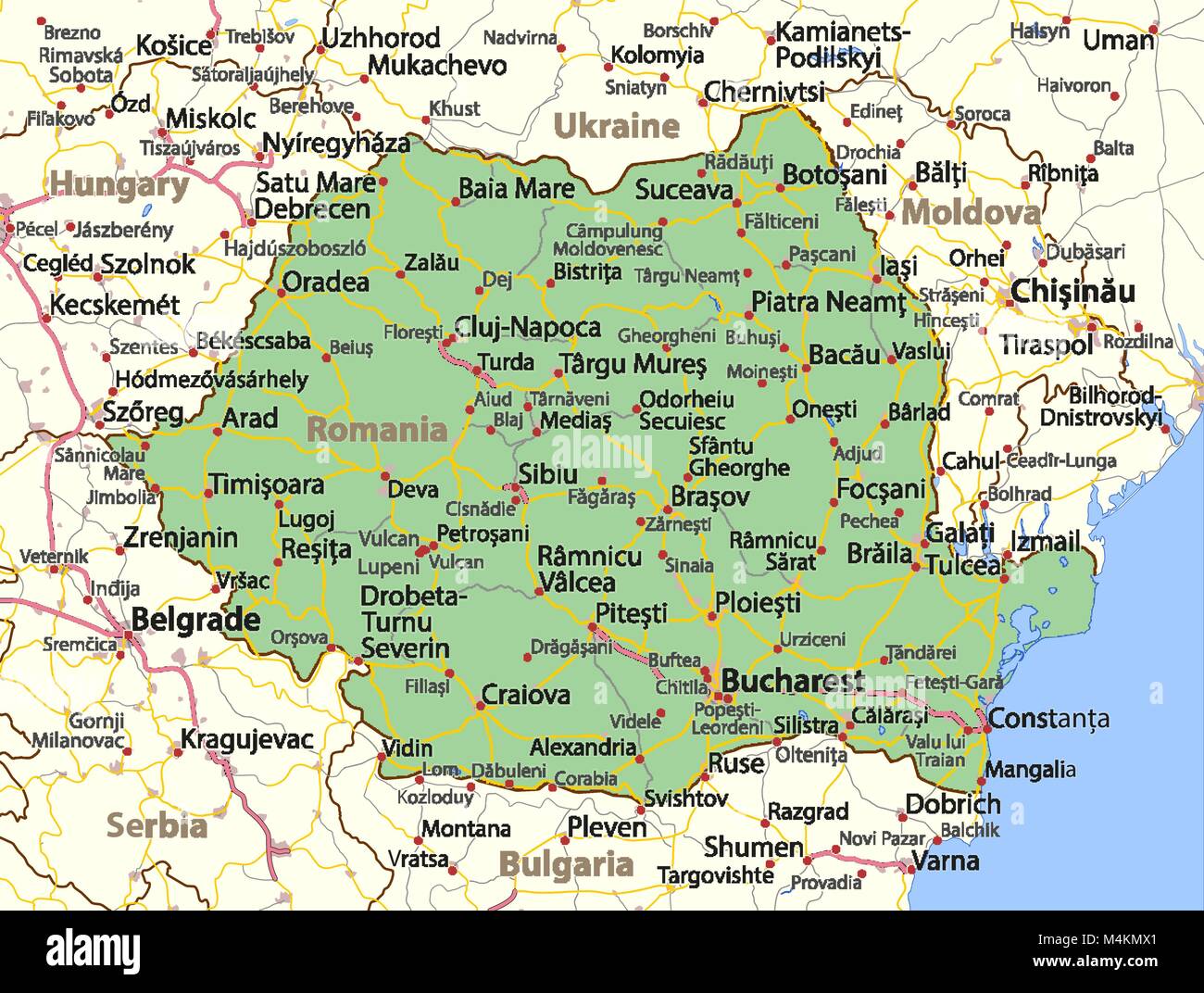Mappa di Romania. Mostra i confini, zone urbane, nomi di località e strade.  Le etichette in inglese dove possibile. Proiezione: proiezione di Mercatore  Immagine e Vettoriale - Alamy