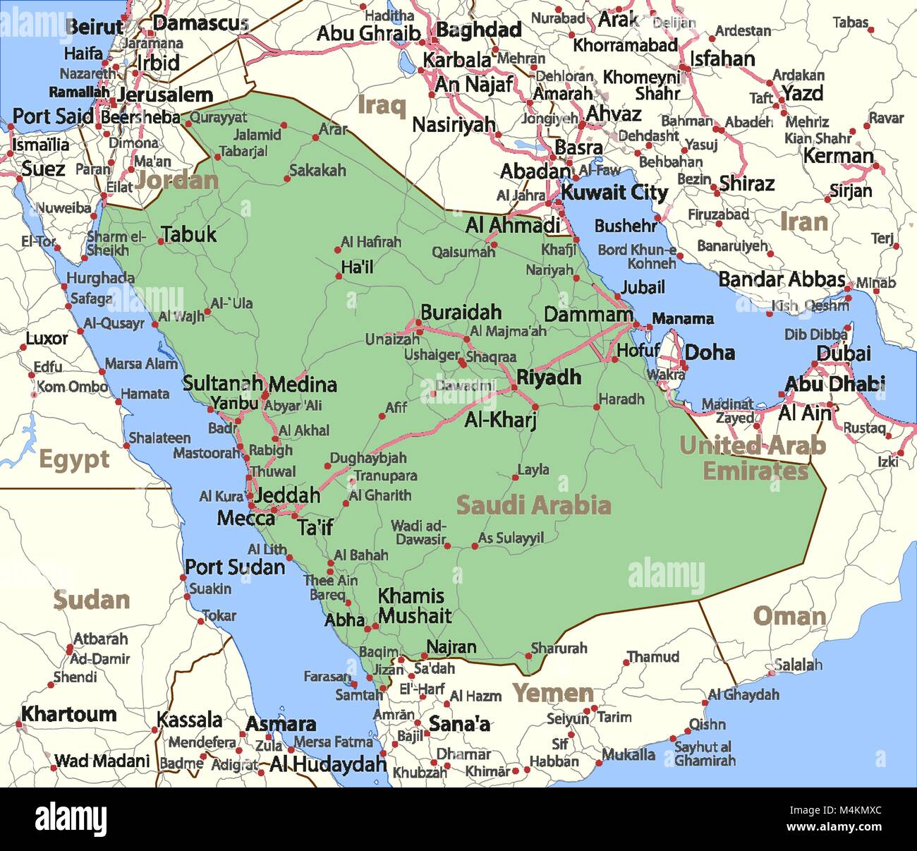 Mappa dell'Arabia Saudita con etichette in arabo | Vettore Premium