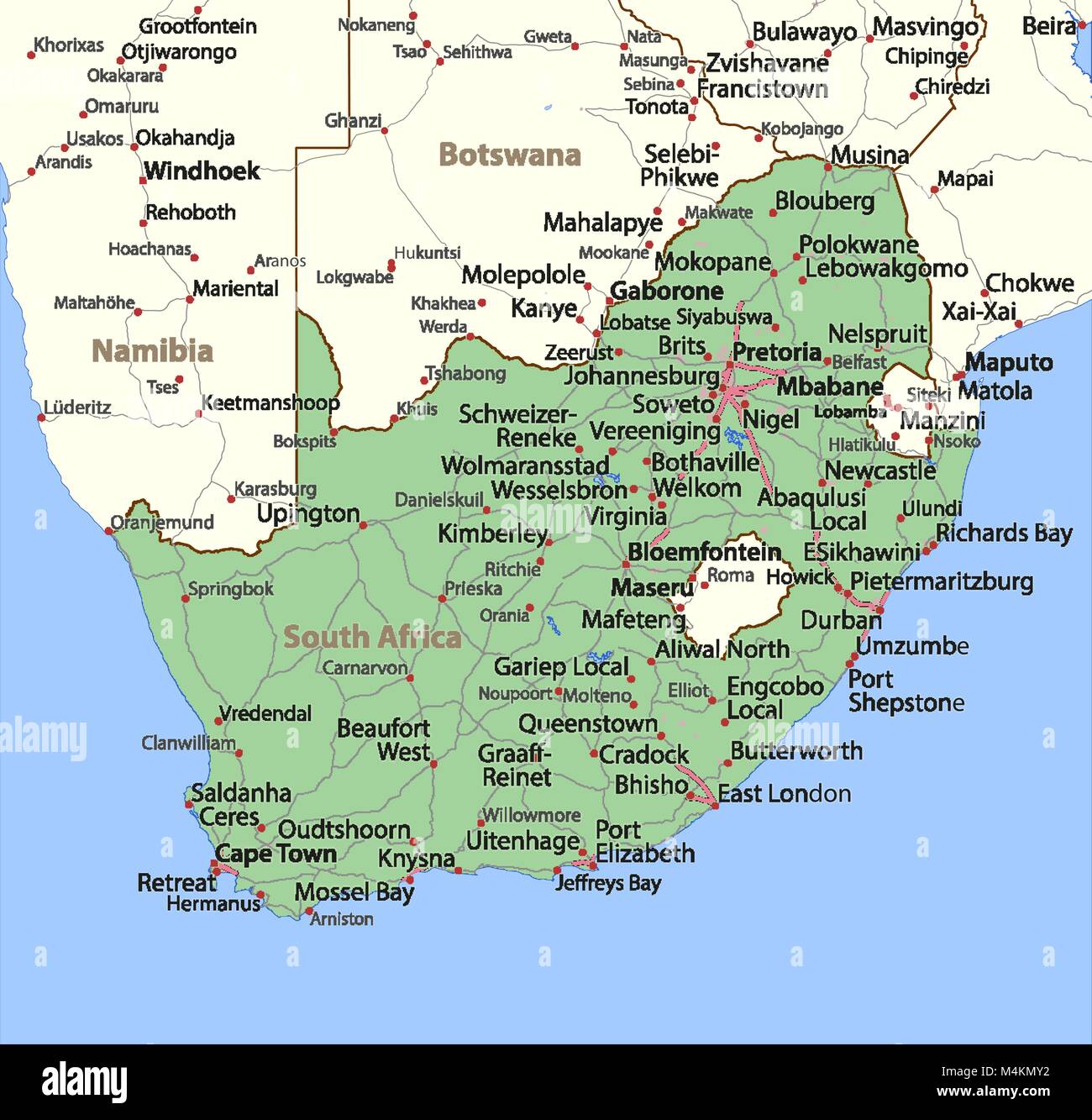 Mappa del Sud Africa. Mostra i confini, zone urbane, nomi di località e strade. Le etichette in inglese dove possibile. Proiezione: proiezione di Mercatore Sferica. Illustrazione Vettoriale