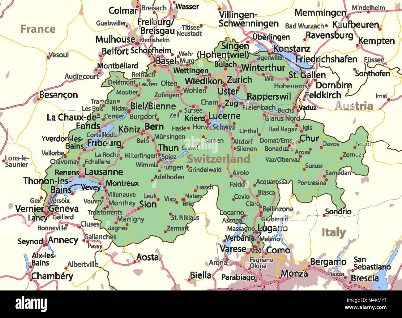 Cartina della Svizzera. Mostra i confini, zone urbane, nomi di località e strade. Le etichette in inglese dove possibile. Proiezione: proiezione di Mercatore. Illustrazione Vettoriale