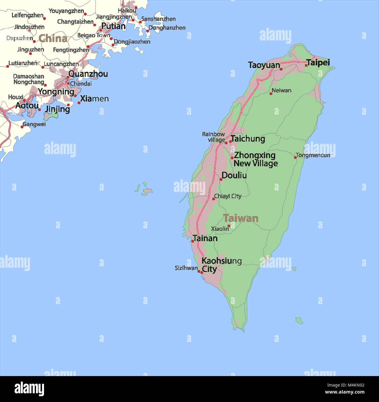 Mappa di Taiwan. Mostra i confini, zone urbane, nomi di località e strade. Le etichette in inglese dove possibile. Proiezione: proiezione di Mercatore. Illustrazione Vettoriale