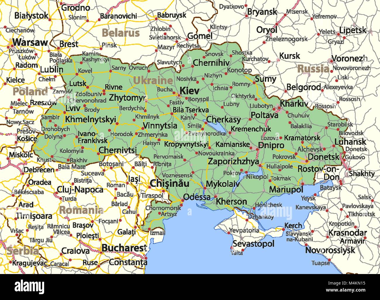 Mappa di Ucraina. Mostra i confini, zone urbane, nomi di località e strade. Le etichette in inglese dove possibile. Proiezione: proiezione di Mercatore Immagine e Vettoriale - Alamy
