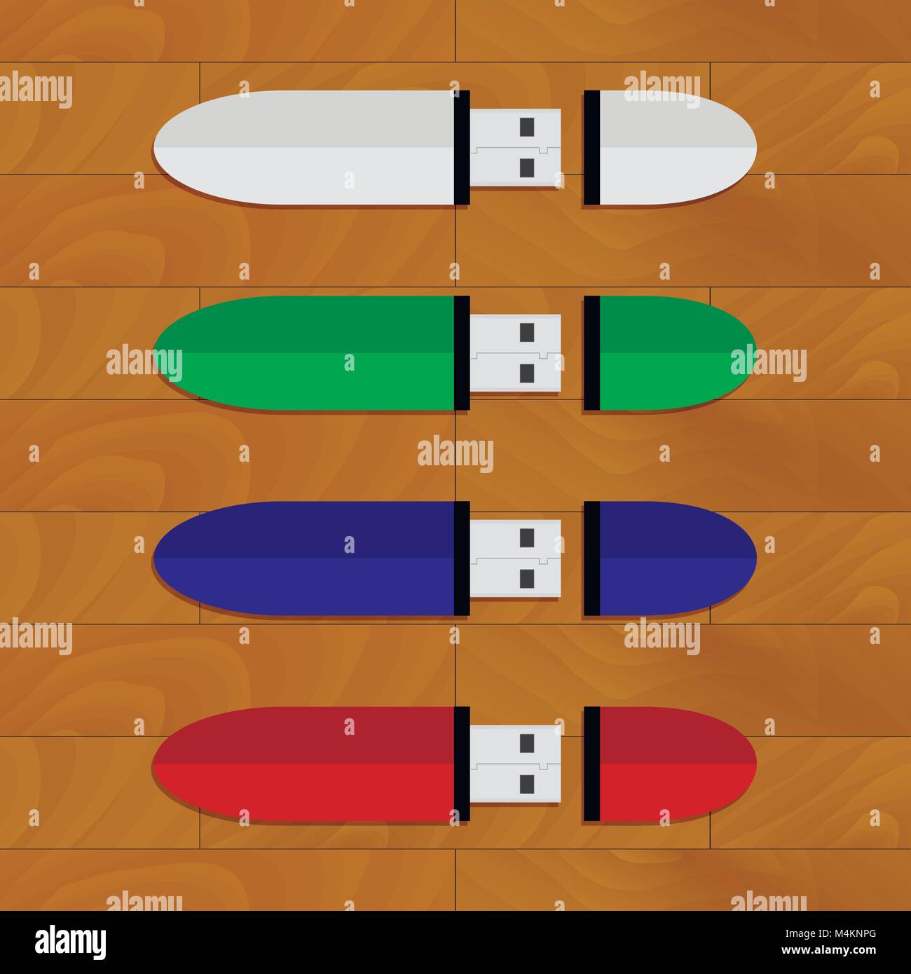 Flash drive insieme sul tavolo. Vettore di archiviazione di memoria usb-stick, flashdrive USB sulla scrivania in legno illustrazione superiore Illustrazione Vettoriale