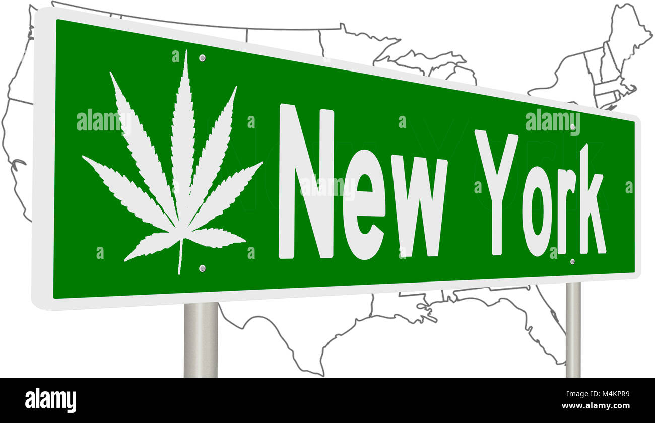 Il rendering di un verde autostrada segno con foglia di marijuana per New York Foto Stock