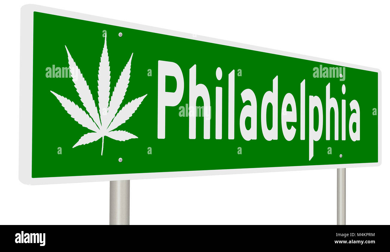 Il rendering di un verde autostrada segno con foglia di marijuana per Philadelphia Foto Stock