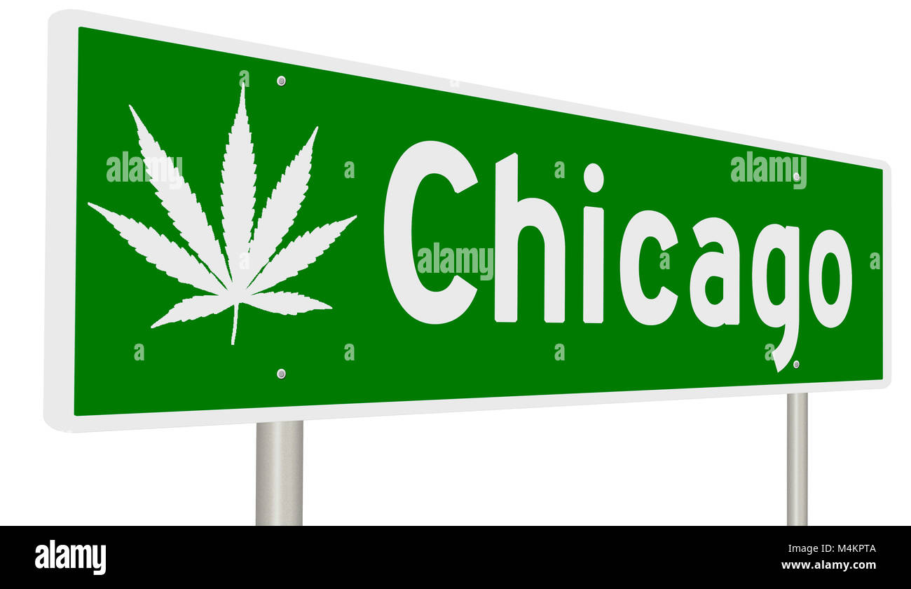 Il rendering di un verde autostrada segno con foglia di marijuana per Chicago Foto Stock