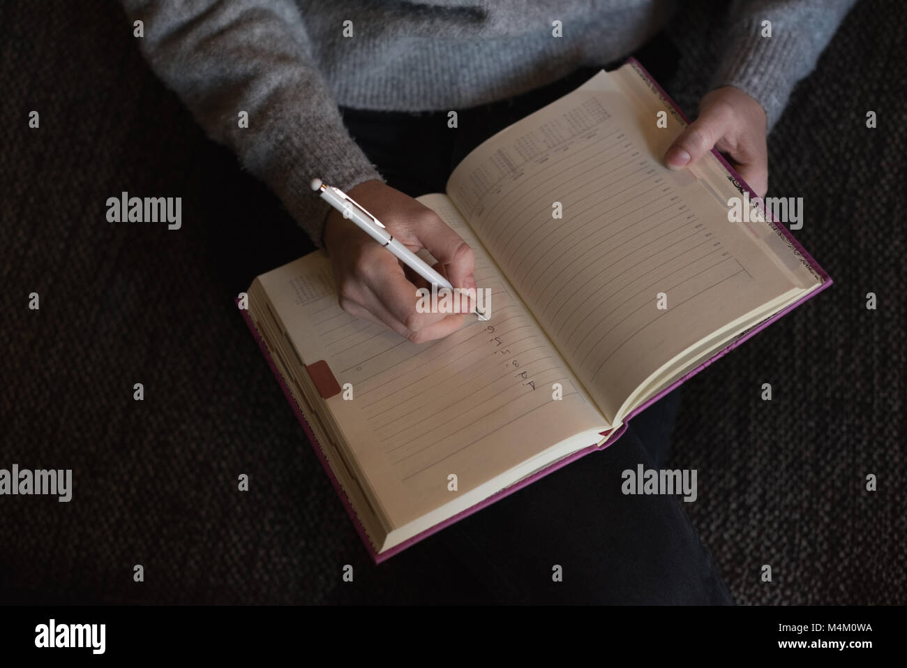 La donna la scrittura della nota sul diario in salotto Foto Stock